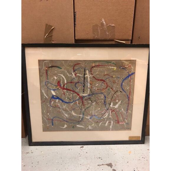 Abstract Expressionistic Framed Painting Splatter Paint with Newspaper